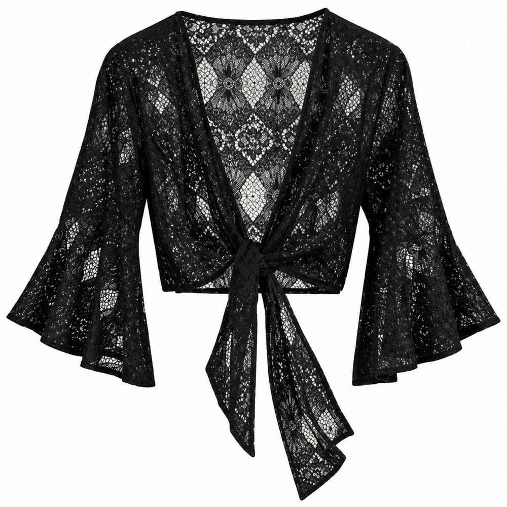 Pyramid Collection Black Lace Bell Sleeve Shrug Tie Front Womens Medium NEW